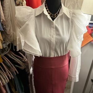Medium White Blouse button down with ruffles. Medium Rose pink stretch skirt.